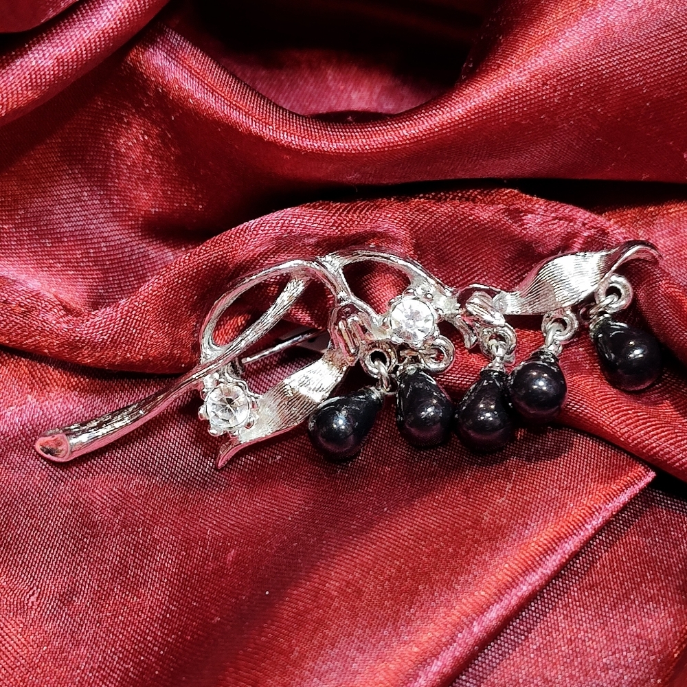Vintage Silver Tone Brooch With Dangling Black Beads & Sparkling Rhinestones